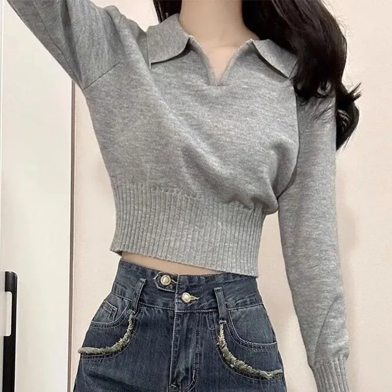 

2025 Korean Chic Turndown Collar Sweaters Female Gray Slim Fit Long Sleeve Cropped Sweater for Woman Streetwear Knit Pullovers