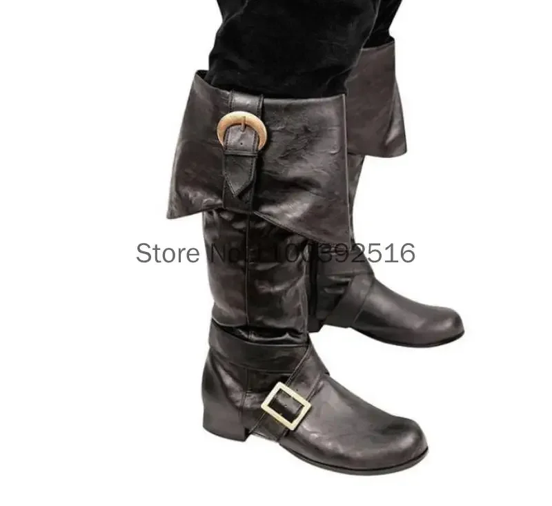 Round Toed Knight Boots with Low Heel Belt Buckle Flipped Side Zipper Thick Bottom Solid Color High Barrel Motorcycle Boots