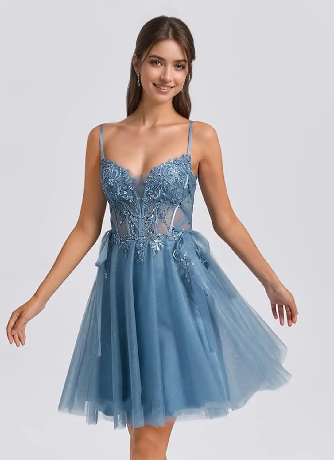 Robes de soirée à paillettes, avec des Appliques en dentelle, robes de bal courtes pour femmes, bretelles Spaghetti, robe de Cocktail en Tulle