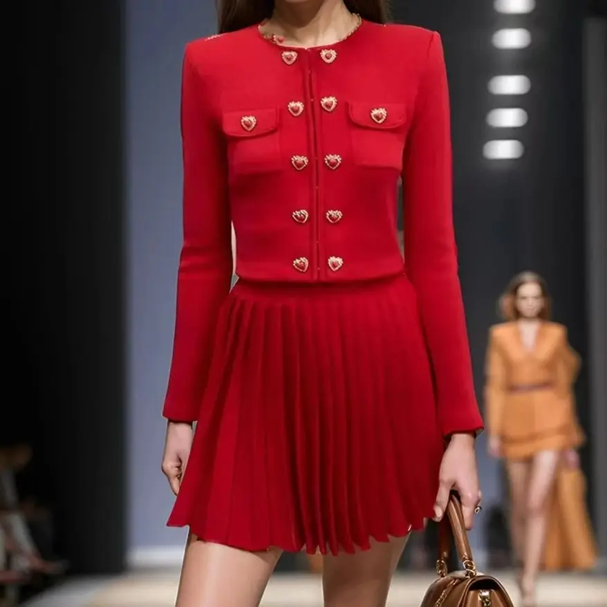 

Spring And Autumn New Fashion Commuter Knitted Heavy Duty Long Sleeve Round Neck Woolen Cardigan Top Coat+Folded Short Skirt