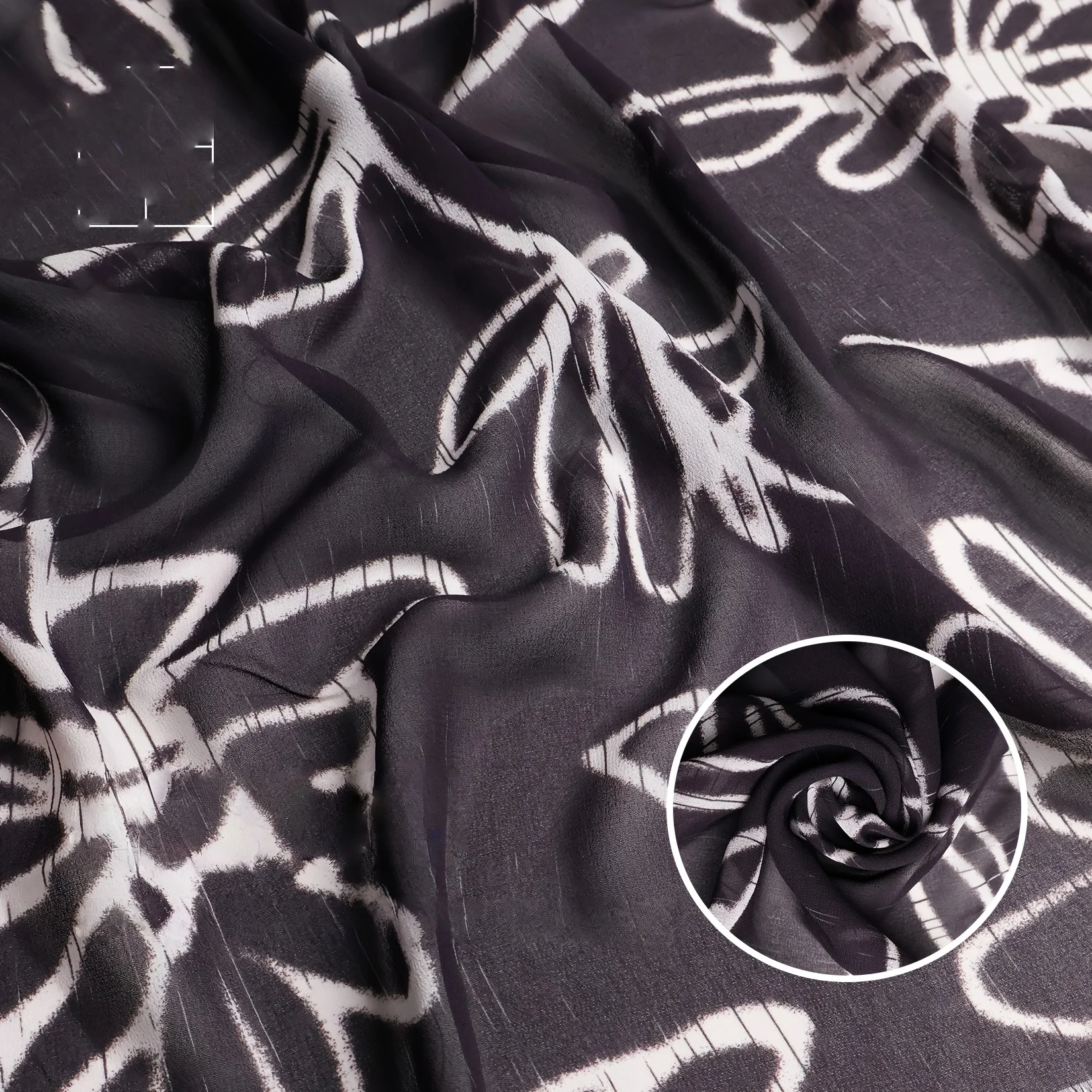 2 Yards Black Asymmetrical White Floral Cotton Chiffon Satin Mesh Fabric Floral Spring and Summer Clothing Fabric