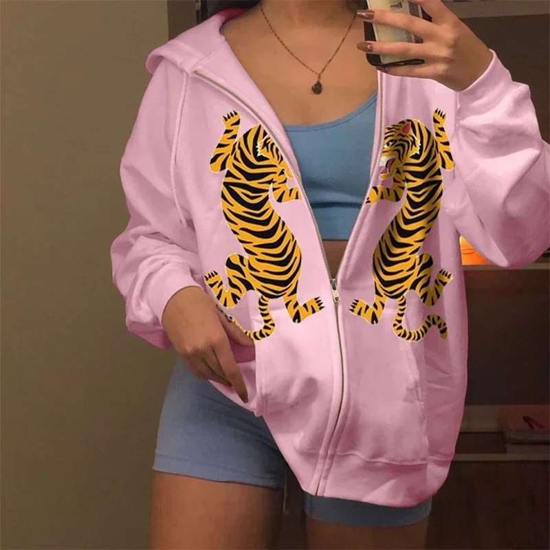 Vintage Women Zip up Hoodies Tiger/Snake Print Loose Long Sleeve Hooded Sweatshirts Jackets with Pocket for Fall Streetwear