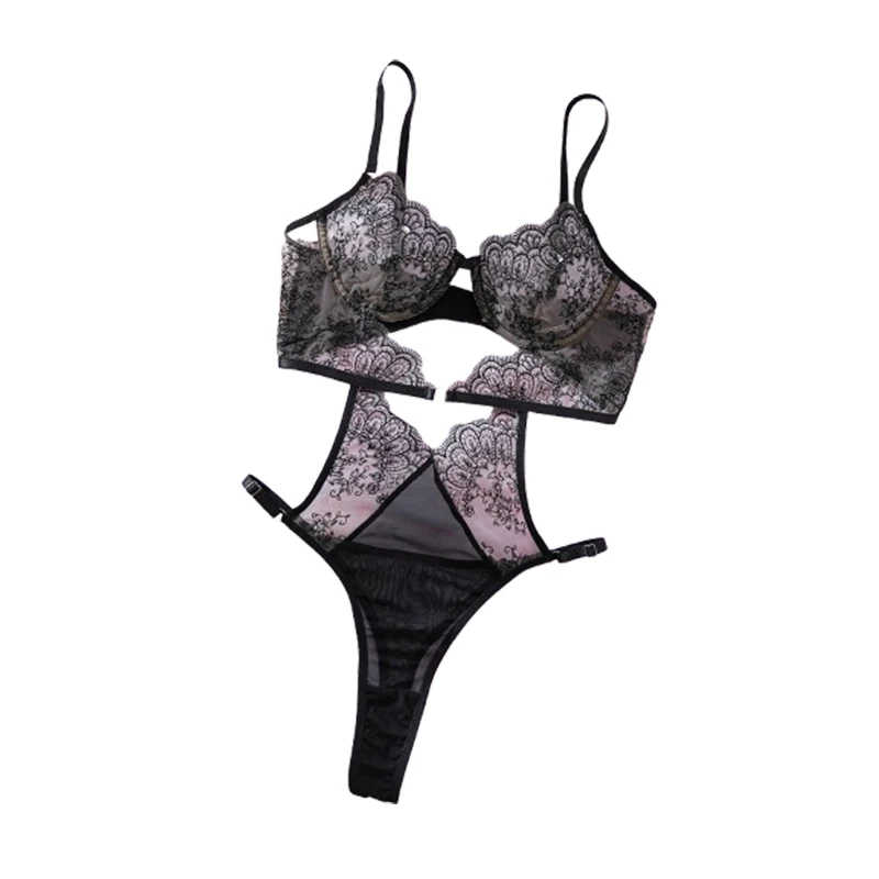 

Сексуальное женское белье с вырезами, боди, цельный бюстгальтер, трусы, черное кружевное нижнее белье, прозрачный экзотический комплект с вышивкой и цветком