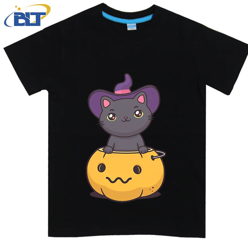 Manga curta t-shirt para meninos e meninas, top de algodão casual, bonito impresso, haloween, verão