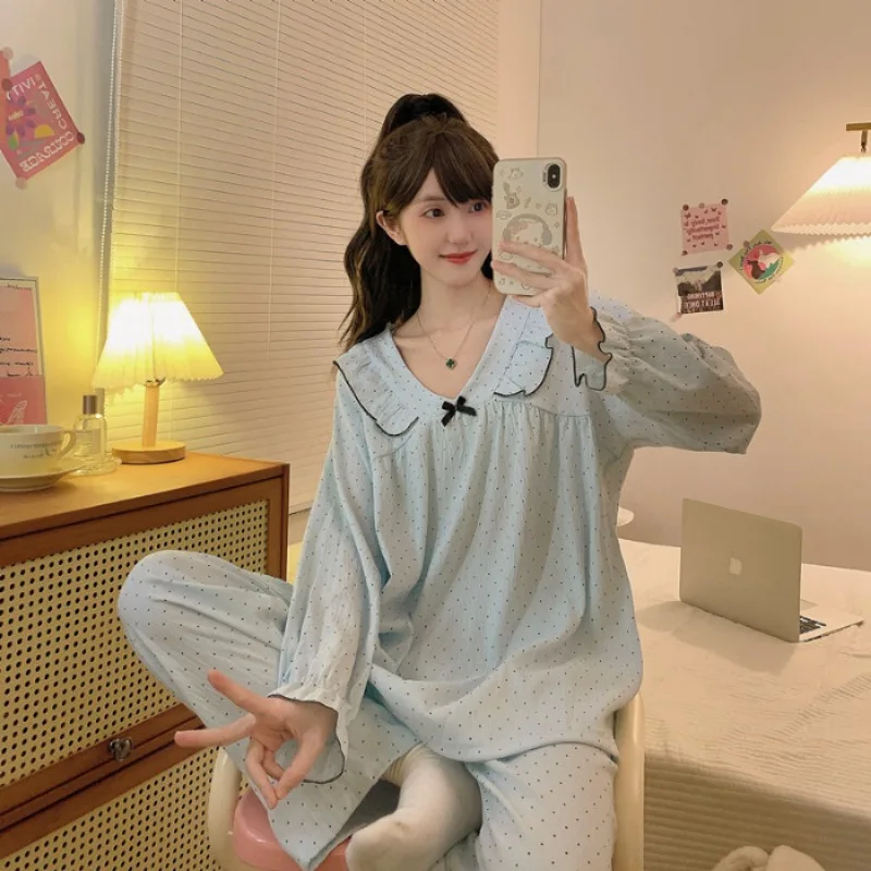 حجم كبير بيجامة الأميرة النساء الربيع طويلة الأكمام ملابس خاصة سترة قطعتين مجموعة ملابس منزلية فضفاضة طالب نمط ملابس المنزل