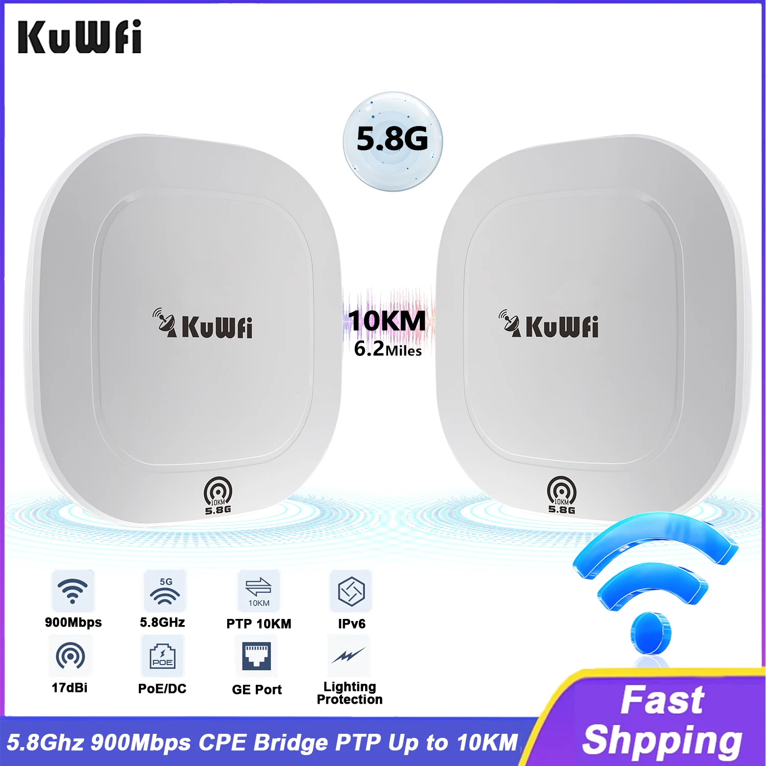 KuWFi 900Mbps CPE Bridge 5GHz Wireless WiFi Bridge Signal Extender Buit-in 17dBi Antenna AP Repeater PTP Up to 10KM Gigabit Port