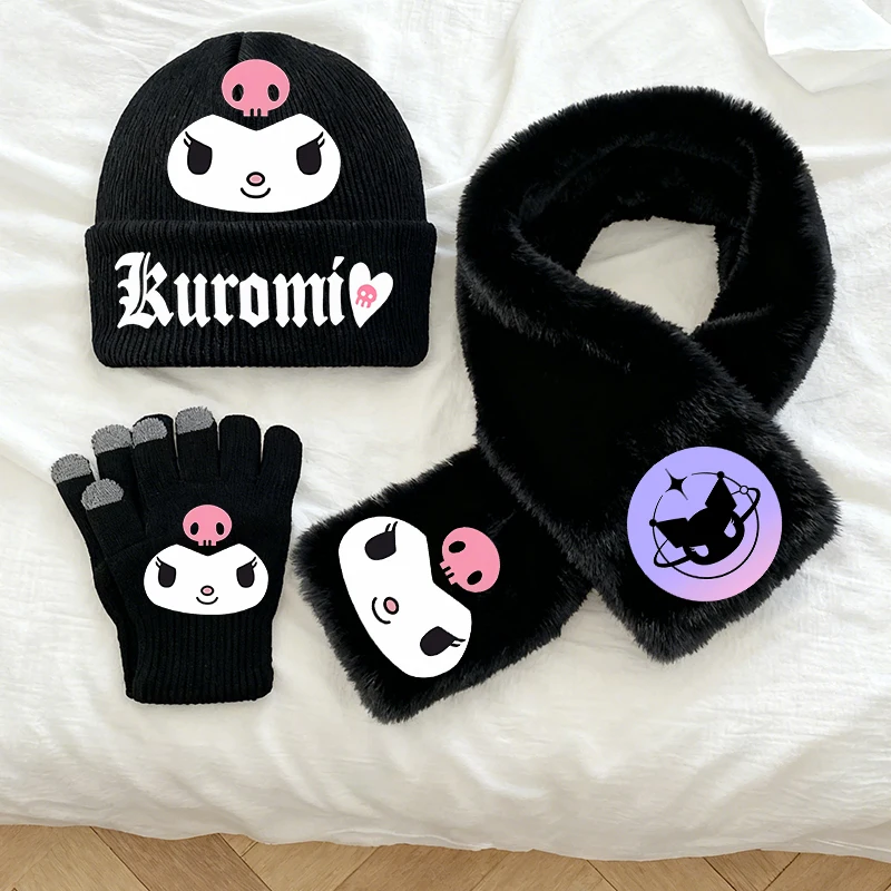 3PCS/Set Set Topi Rajut Kuromi untuk Anak Perempuan, Syal, Sarung Tangan, Set Beanie Musim Dingin untuk Balita, Sarung Tangan, Penghangat Leher, Aksesoris Luar Ruangan, Hadiah Natal