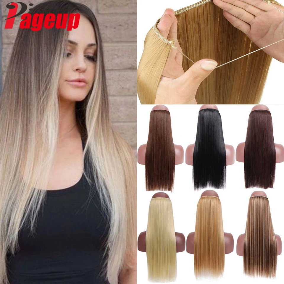 Extensão de cabelo sintético sintético, com ondulado natural, sem clipe, loiro, marrom, preto, rosa, falso, om