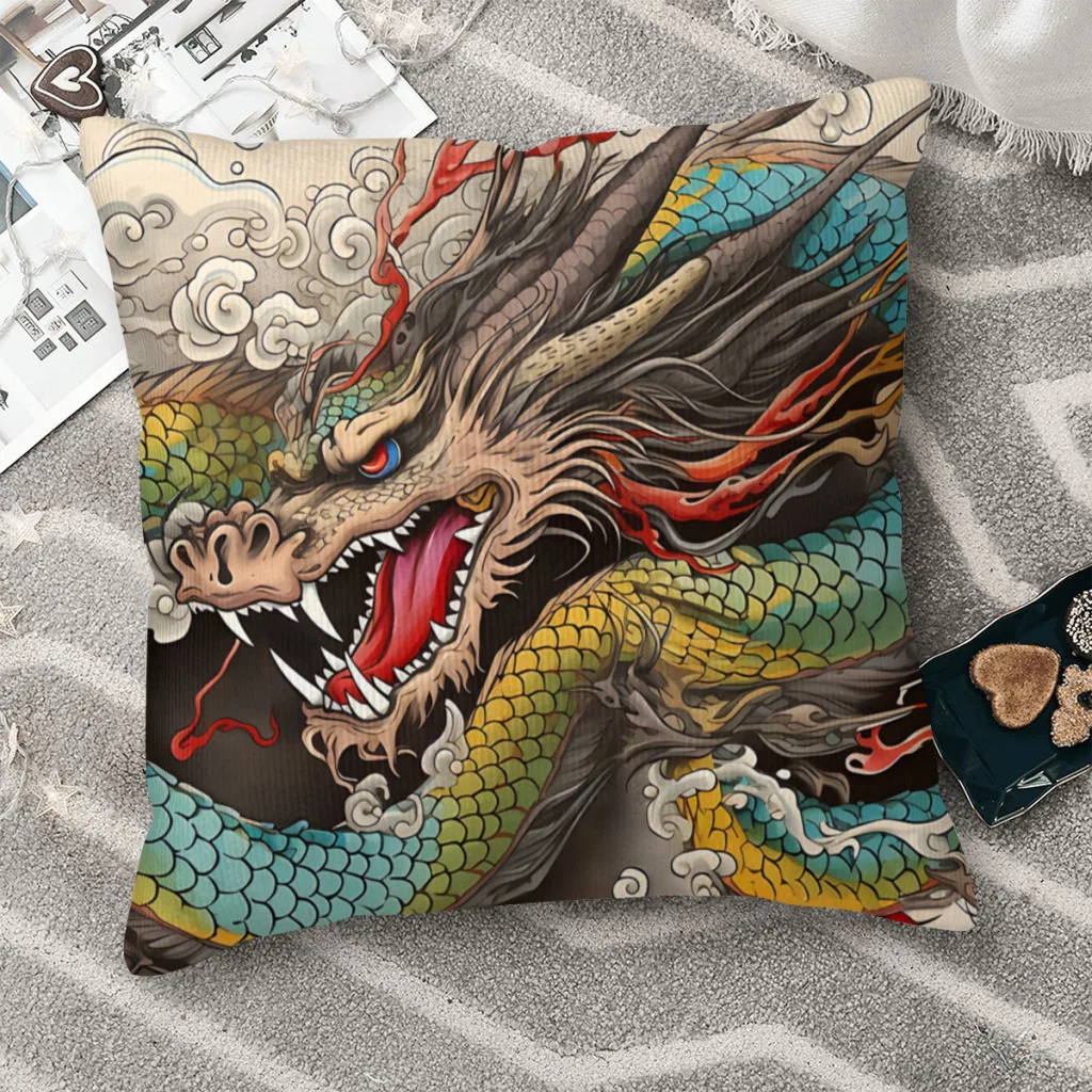 Digital Artifacts Traditional Japanese Dragon Dragon Pattern Polyester Cushion Cover Decorative Washable Hug Pillowcase