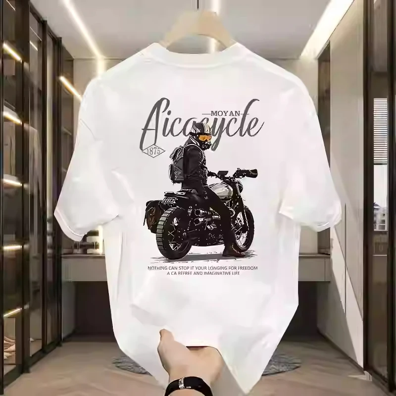 

Summer New Fashion Brand Heavy Cotton Short-sleeved T-shirt Male Street Motorcycle Motorcycle Pattern with Loose Shirt