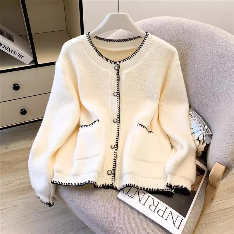 

Абрикосовый короткий вязаный кардиган, женский свитер, куртка, весна-осень, новый корейский однобортный женский трикотаж с круглым вырезом и длинными рукавами