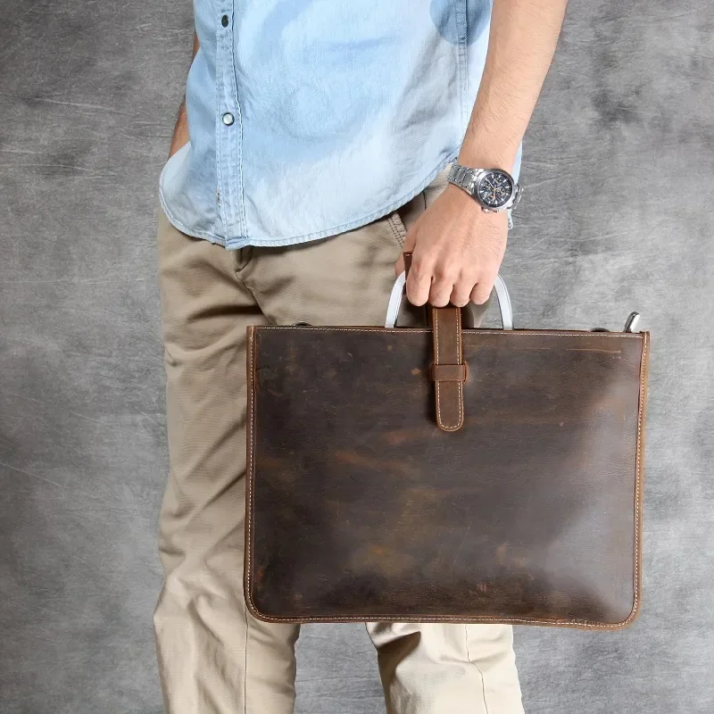 Men’s Luxury Cowhide Leather Clutch Briefcase, A4 Document iPad Wallet Purse, Top Layer Business Bag