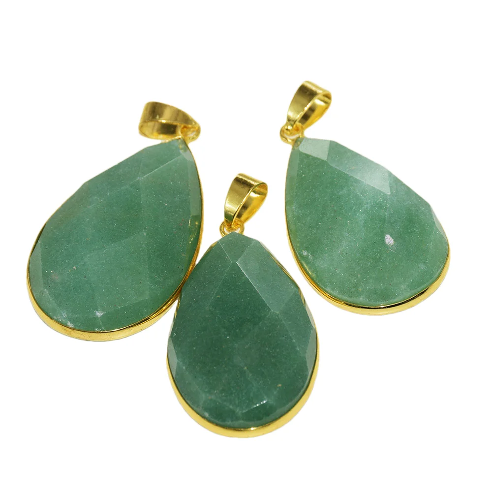 Natural green aventurine stone pendant for jewelry making women 2023 Gold plated faceted healing point large water drop new