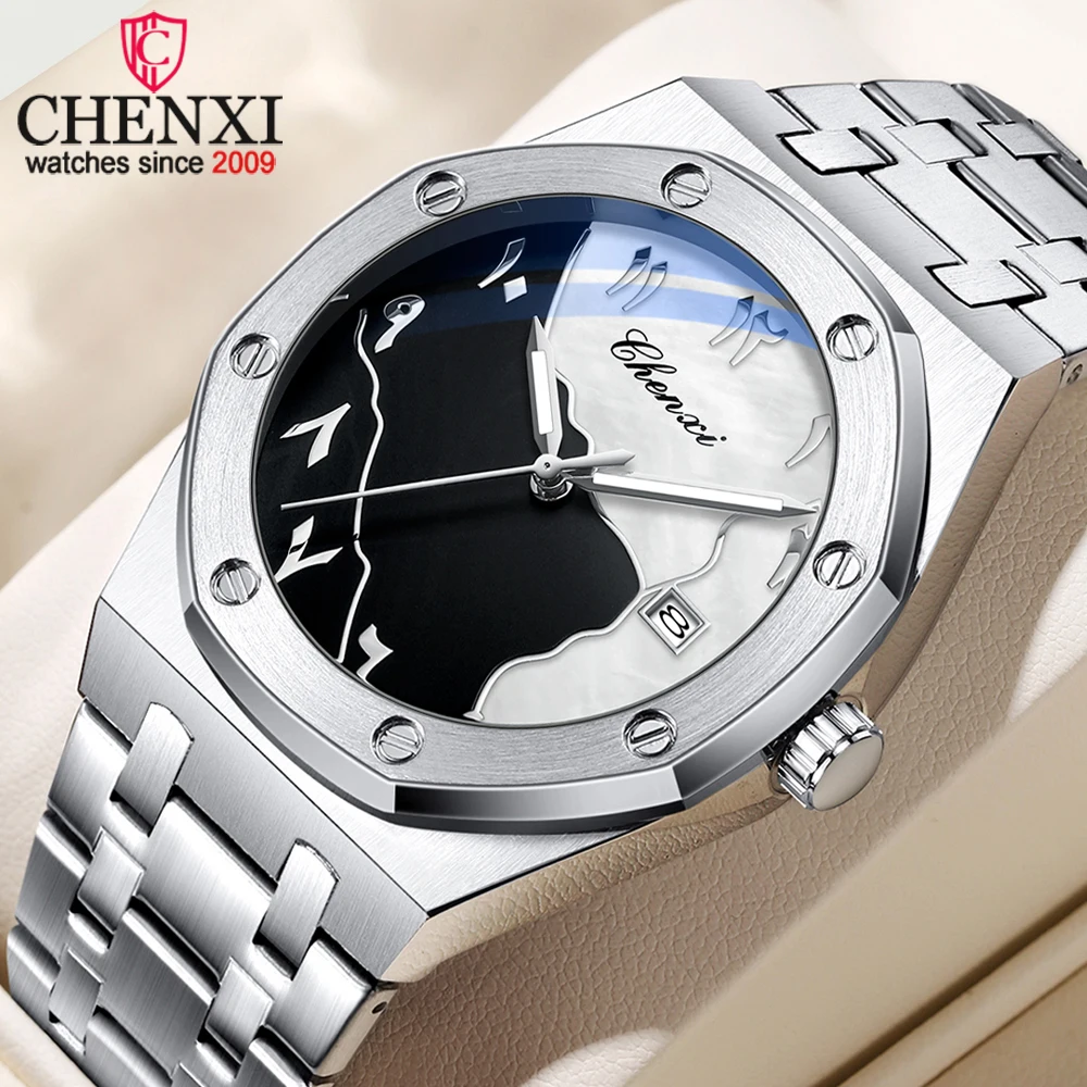 

Мужские кварцевые наручные часы CHENXI класса люкс, водонепроницаемые, с люминесцентным покрытием, из нержавеющей стали, с отображением даты и дня недели, спортивные часы