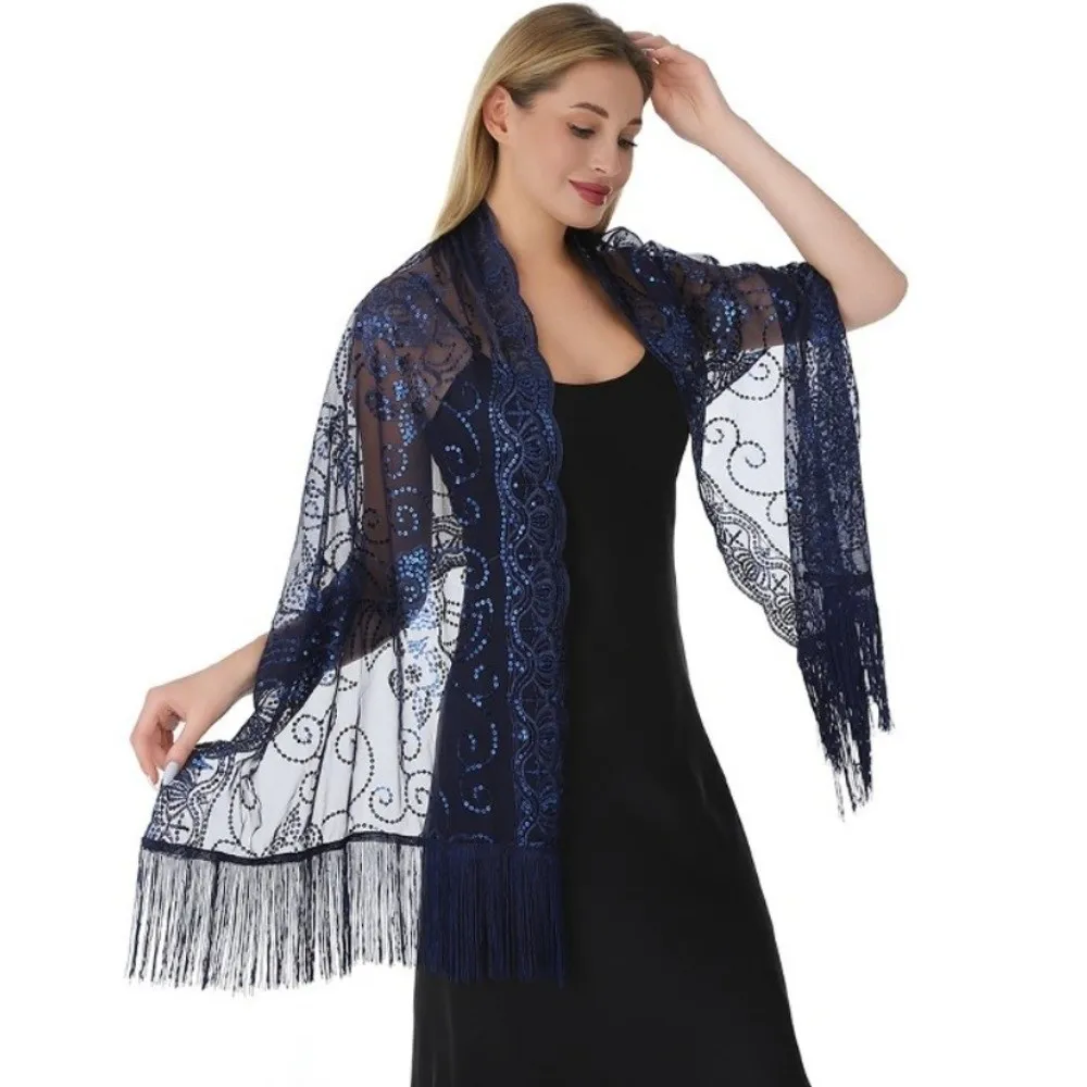 

Elegant Sequins Evening Dress Shawl Pure Color Mesh Lady Party Shawl Wraps with Tassel Wedding Shrugs Wraps for Women