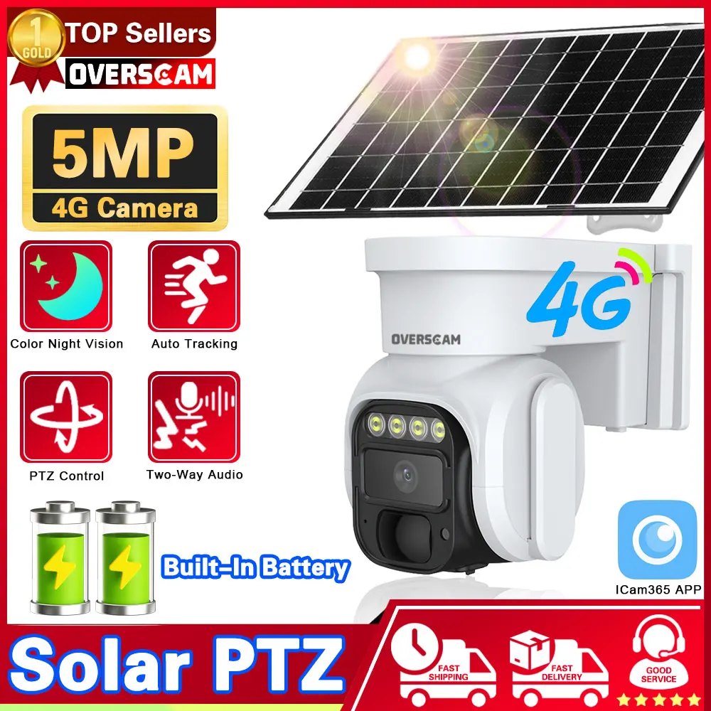 5MP 4G SIM Card Solar Panel Camera Rechargeable Battery PTZ Outdoor PIR Detection Monitor Cloud 2-Way Audio Surveillance Camera