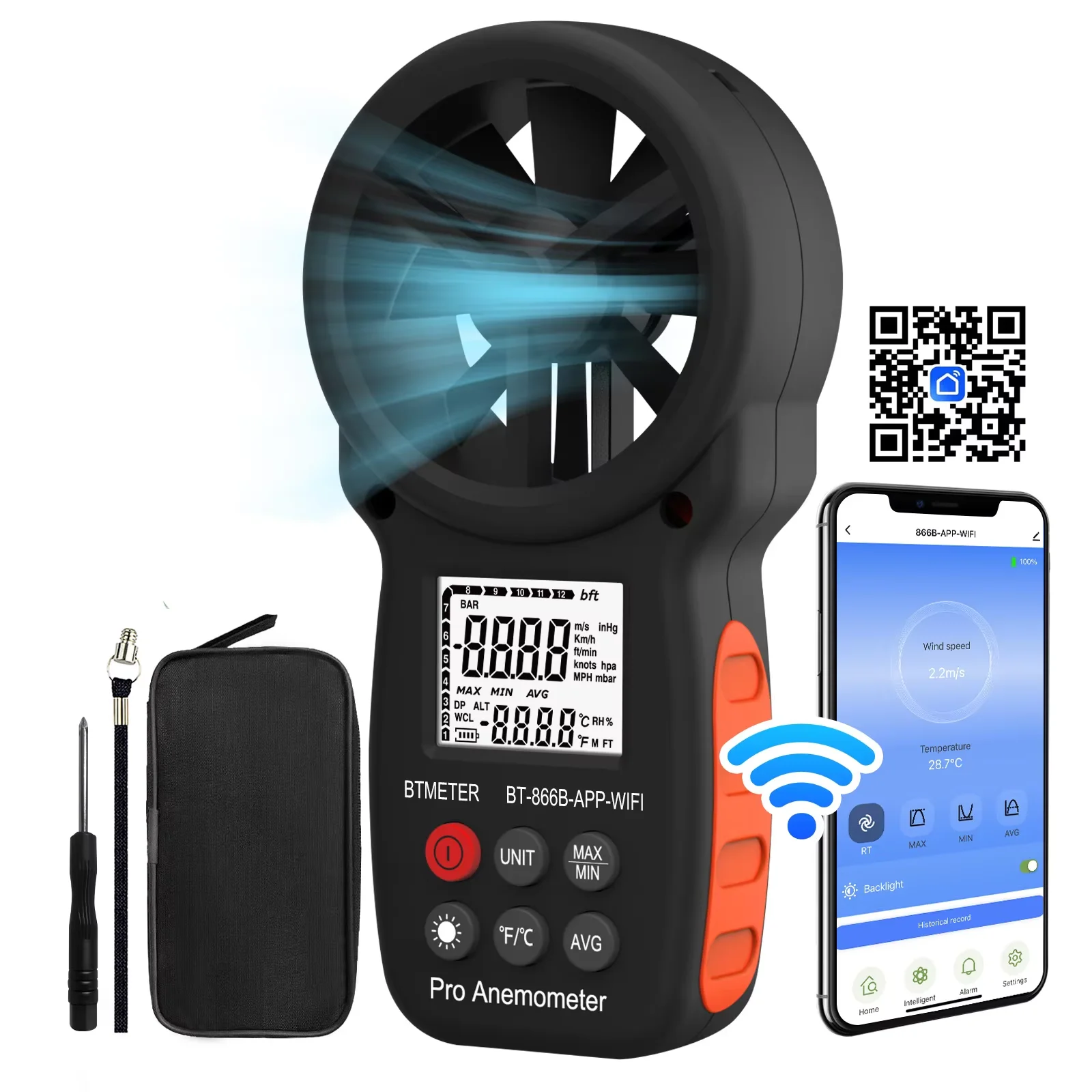 

Wireless Anemometer with APP WIFI, Digital Handheld Wind Speed CFM Meter Measuring Temperature, Air Flow Velocity, Wind Gauge