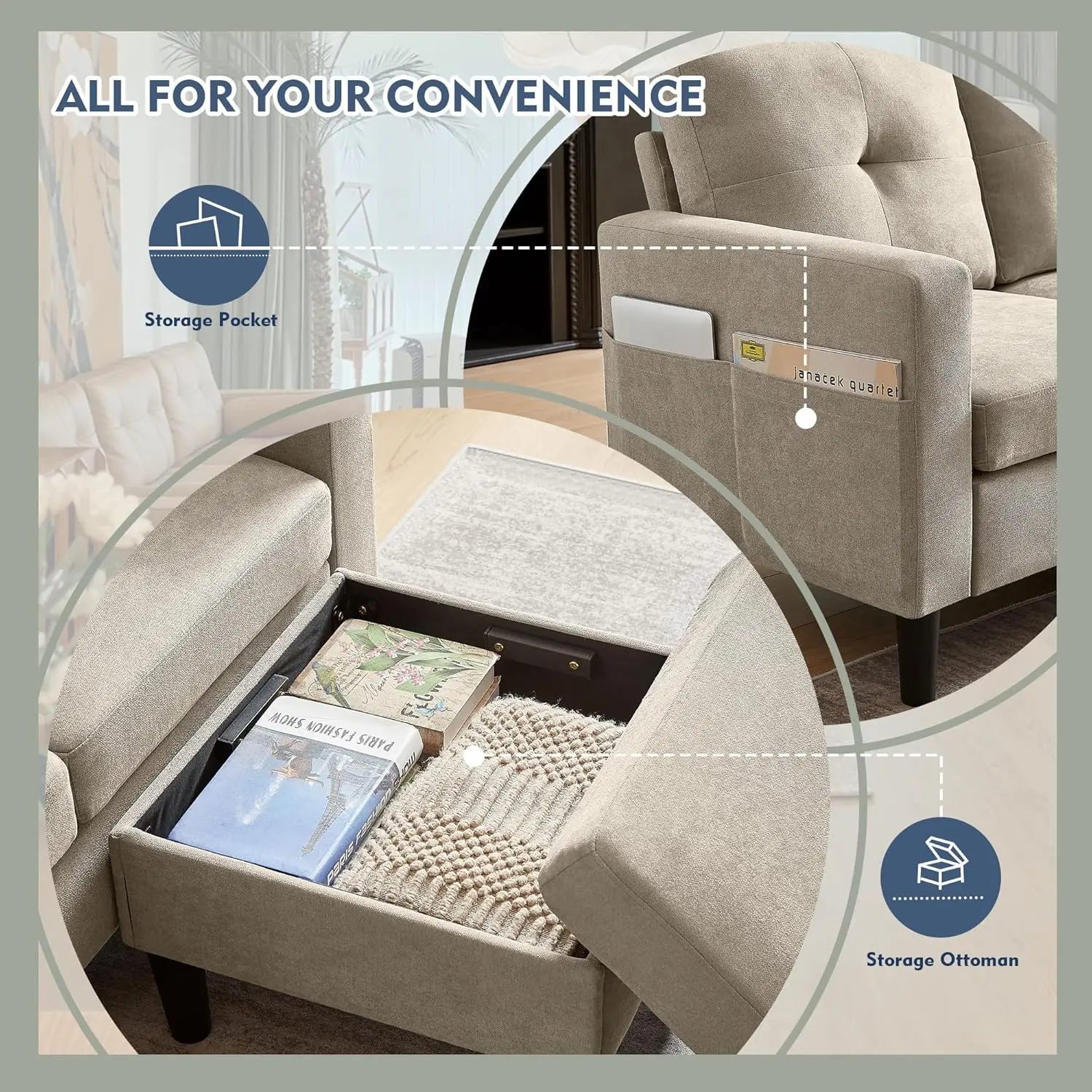 أريكة قابلة للتحويل على شكل حرف L مقاس 79 بوصة، 3 مقاعد مع كرسي تخزين وجيب، أريكة عصرية قابلة للعكس من قماش الكتان لغرفة المعيشة، Apar