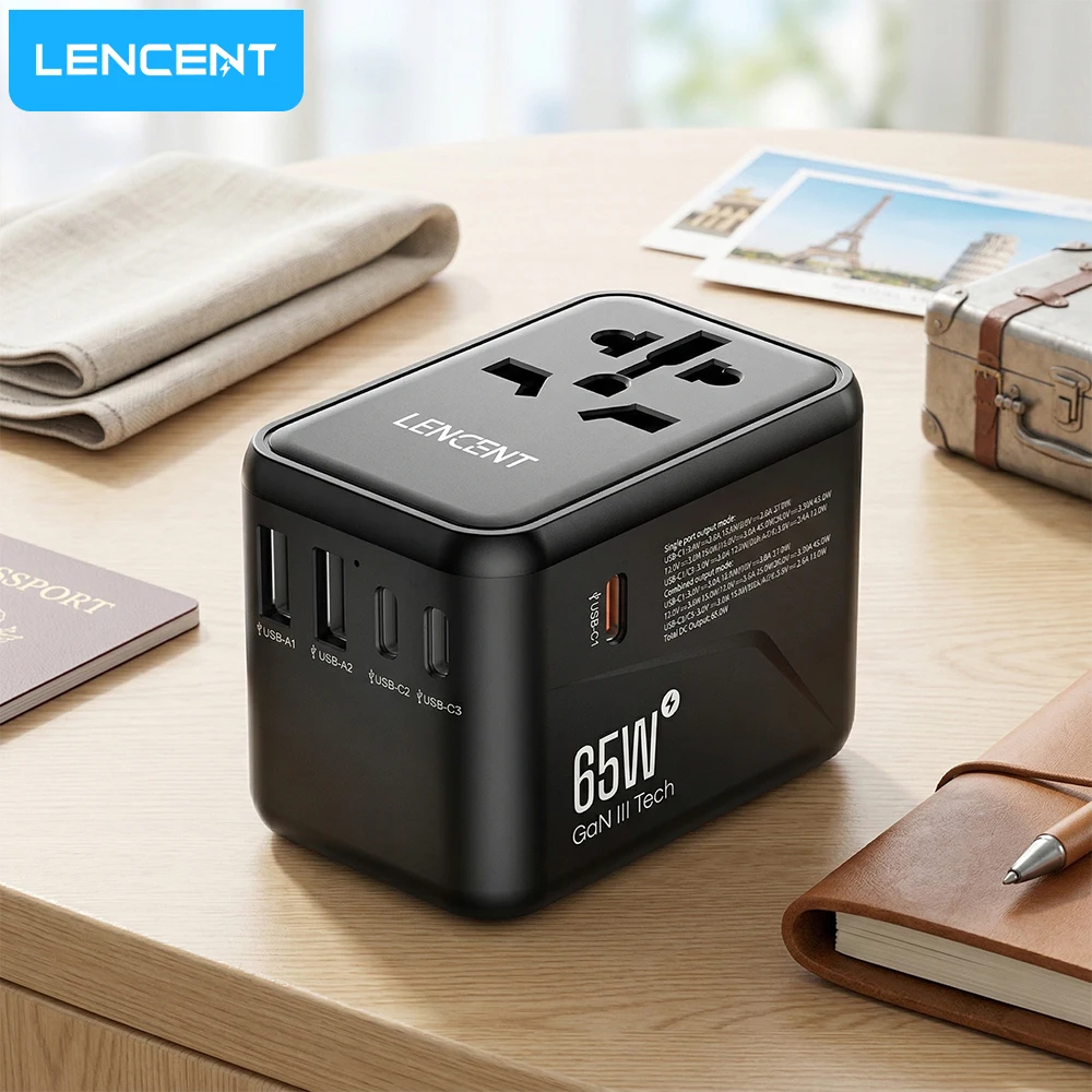 lencent-65w-gan-ユニバーサル-トラベル-アダプター-急速充電電源プラグ-アダプター-3-usb-a-1-タイプ-c