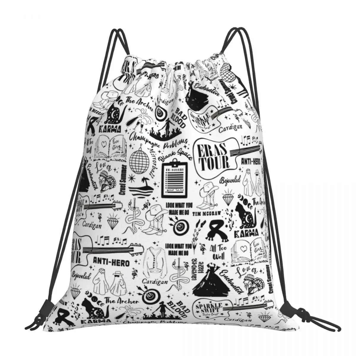 Taylor-Swift-Eras Tour - Pattern Doodle Portable Sports Bag Thicken Drawstring Belt Riding Backpack Gym Drawstring Shoes Bag