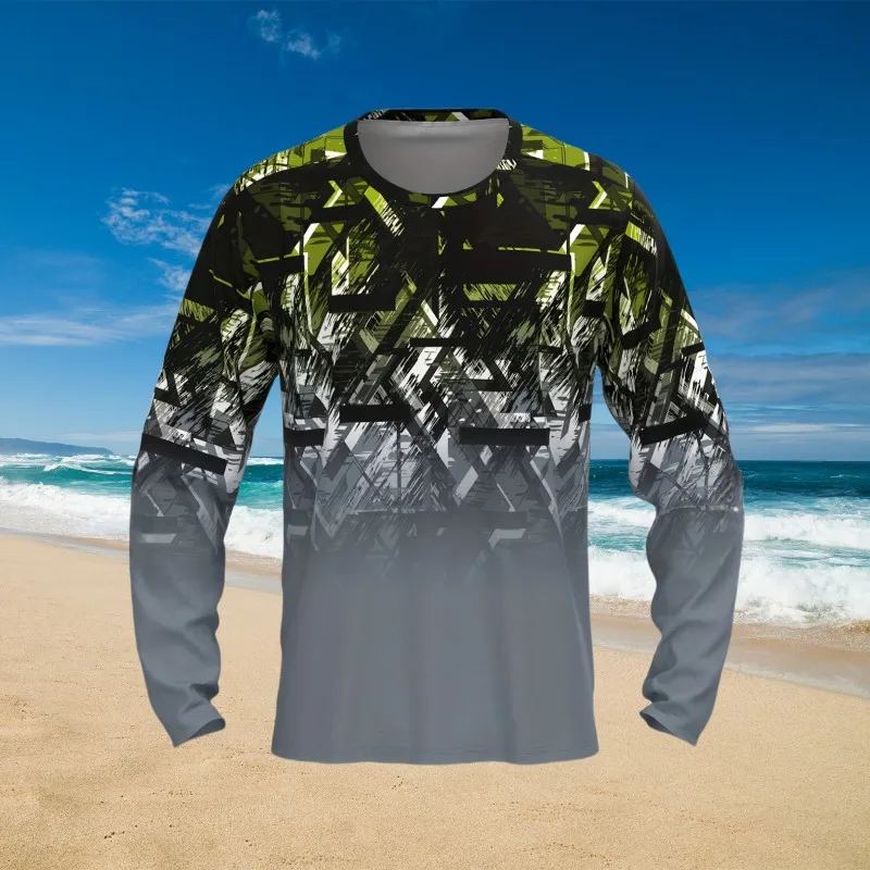 Summer Men's Geometric Print Sunscreen Long Sleeve T-Shirt Quick Drying O Collar Protection Fishing Outdoor Loose Top Clothing