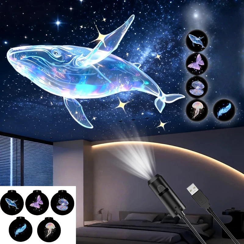 USB Creative Dreamy Projection Lamp,3/6/10pcs Patterns LED Projects Light Rose,Whale,Butterfly Atmosphere Light Festive Gift