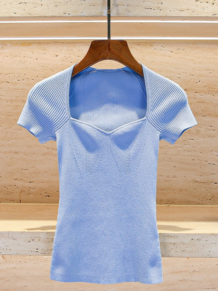 

M Home Nan You Высококачественная женская синяя трикотажная футболка Slim Fit Soft Sle Spring Collection Ladies Faion Pure Color Top