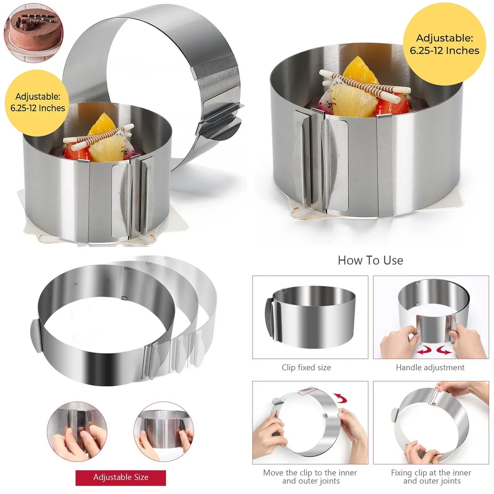 

Adjustable Cake Ring 6 to 12 Inch Round Baking Mold for Cakes Pastries Desserts Bakeware Decorating Tool Non Stick Baking