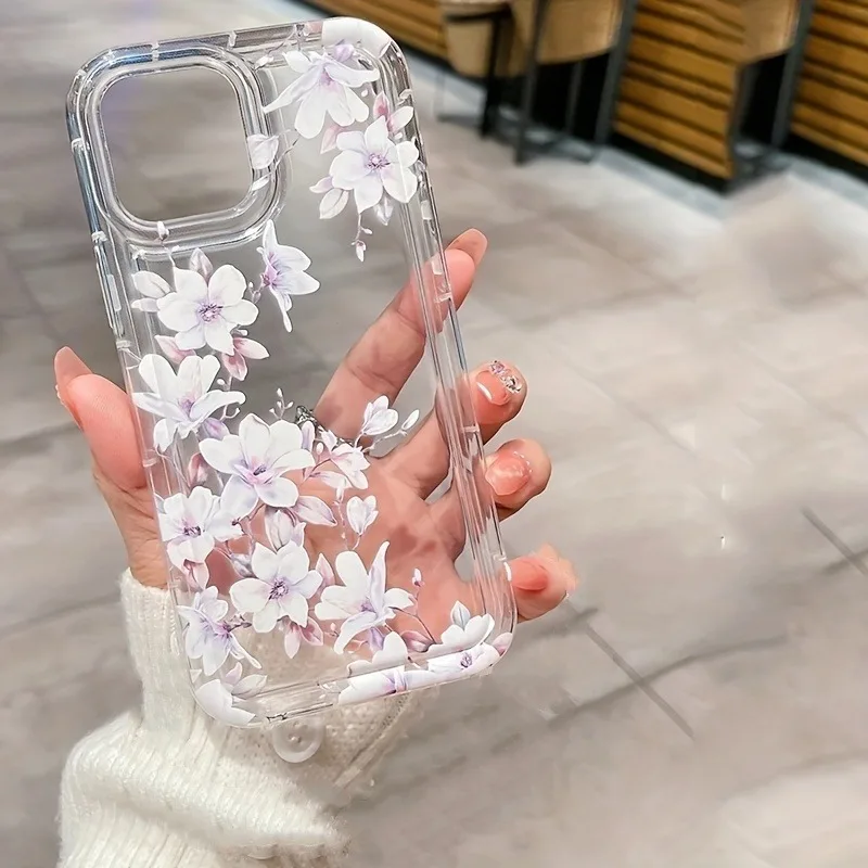 Una funda para teléfono con airbag transparente con flor de color morado claro, adecuada para teléfonos iPhone 17, 16, 15, Plus, Pro, Max Series: se puede utilizar como regalo