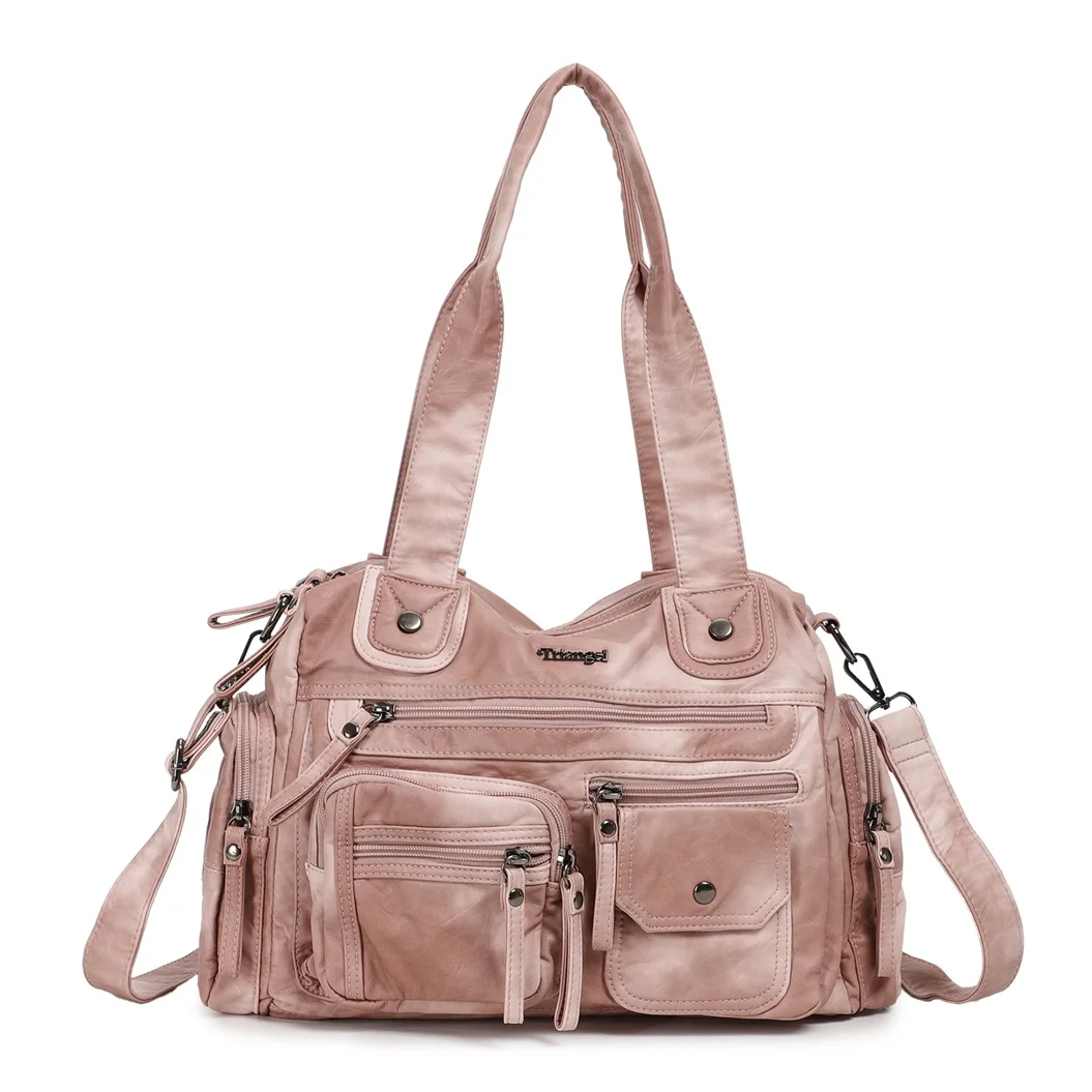 Women Multi-Pocket Soft PU Leather Handbag Large Capacity Tote Shoulder Crossbody Bag with Zipper Pockets Casual Commuter Purse