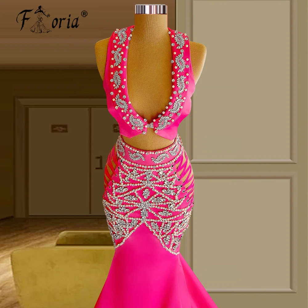 Hot Pink Crystals Prom Dress 2022 Two Piece Set Sexy Sleeveless Beads Top and Lace Up Long Mermaid Evening Dress Party Gown