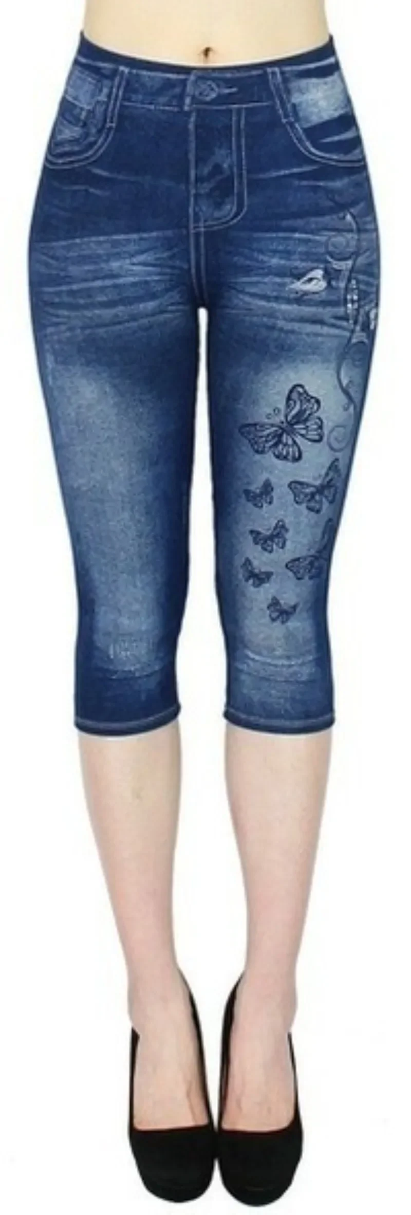 Leggings in denim imitazione finta da donna Pantaloni corti stampati a vita alta Pantaloni sexy slim alla caviglia