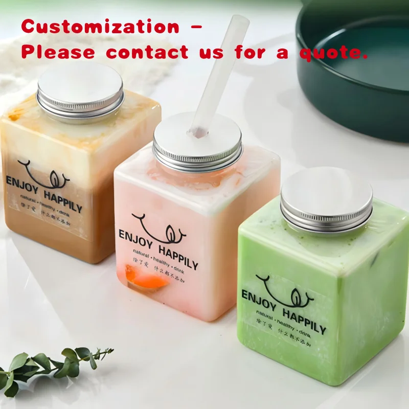 

custom.LOKYO Custom Size Square Bubble Tea Bottle Disposable Packaging PET Plastic Custom Bottles with Cap