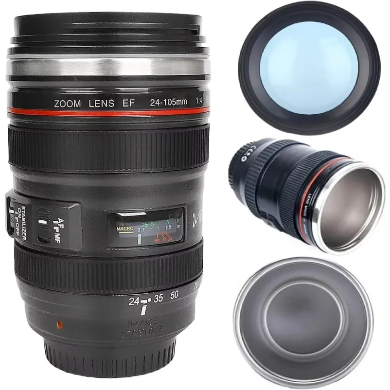 1pc SLR Lens Cup Camera Camera Lens Model Stainless Steel Casual Cup with Lid Coffee Mug White Black Coffee Mugs Creative Gift