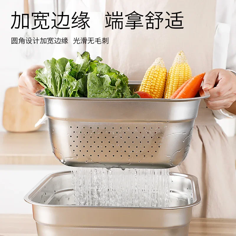 

Stainless Steel Square Storage Organizer Tray Drain Basin for Washing Vegetables Rice Food Serving Plates Kitchen Accessories