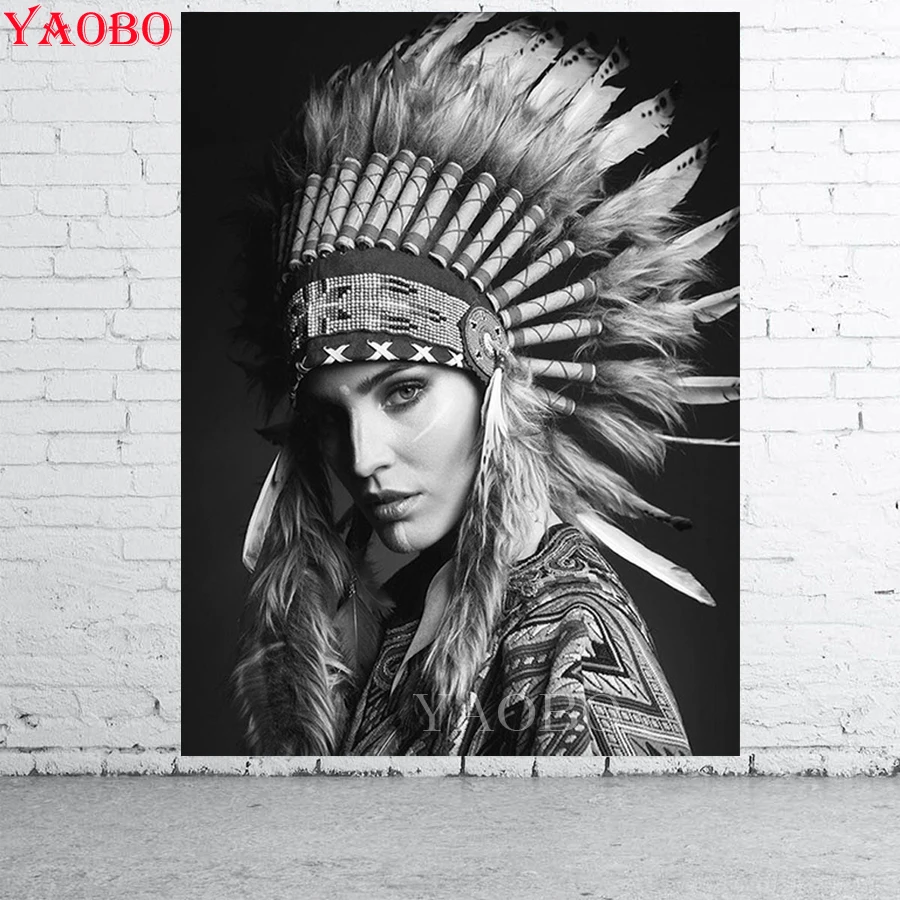 Full Drill Diamond Embroidery Indians Woman Rhinestone Kit Handmade Gift Diamond Painting Mosaic Black And White Wall Art