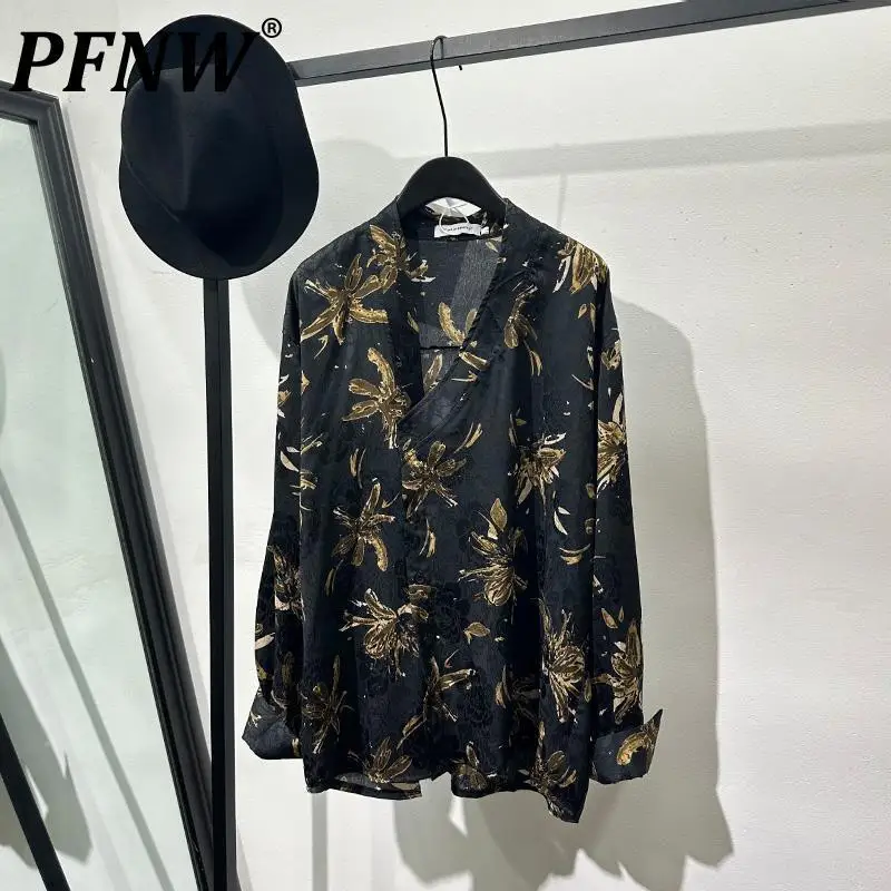 

PFNW Autumn Trendy Old Money Style Printed Slanted Collar Loose Long Sleeved Shirt Loose Casual Vintage Oversized Tops 12C1764