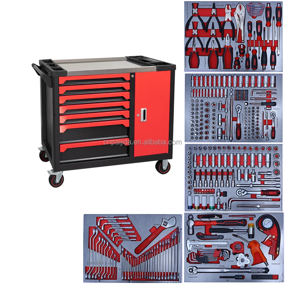 352 Pcs Heavy Duty Iron Tool Chest Multi-drawer Lockable Red Steel Wooden Top Customizable Tool Cart For Auto Repair Workshop