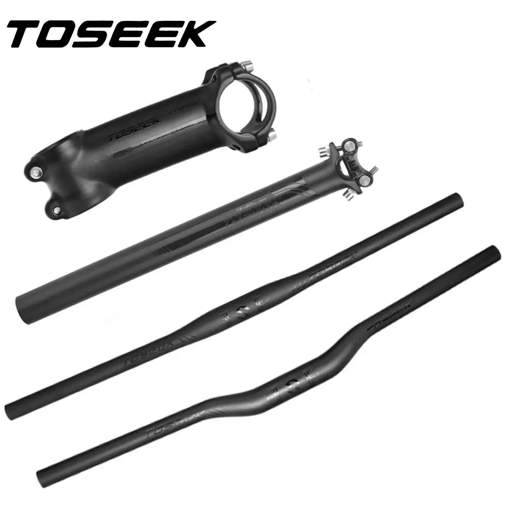 TOSEEK Black Matte Carbon Fibre Bicycle Bars Sets MTB Handlebar Seatpost Stem For Mountain Bike Parts