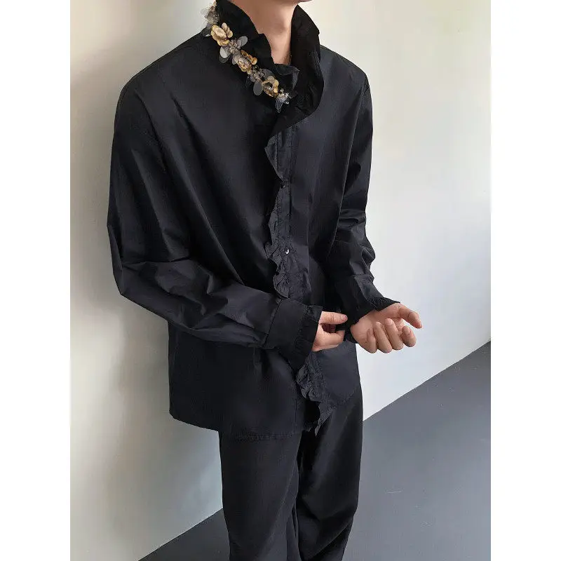 

Мужская рубашка Ele Court Sle с оборками и пайетками для выступлений на сцене и повседневной носки, из полиэфирного волокна, с длинными рукавами