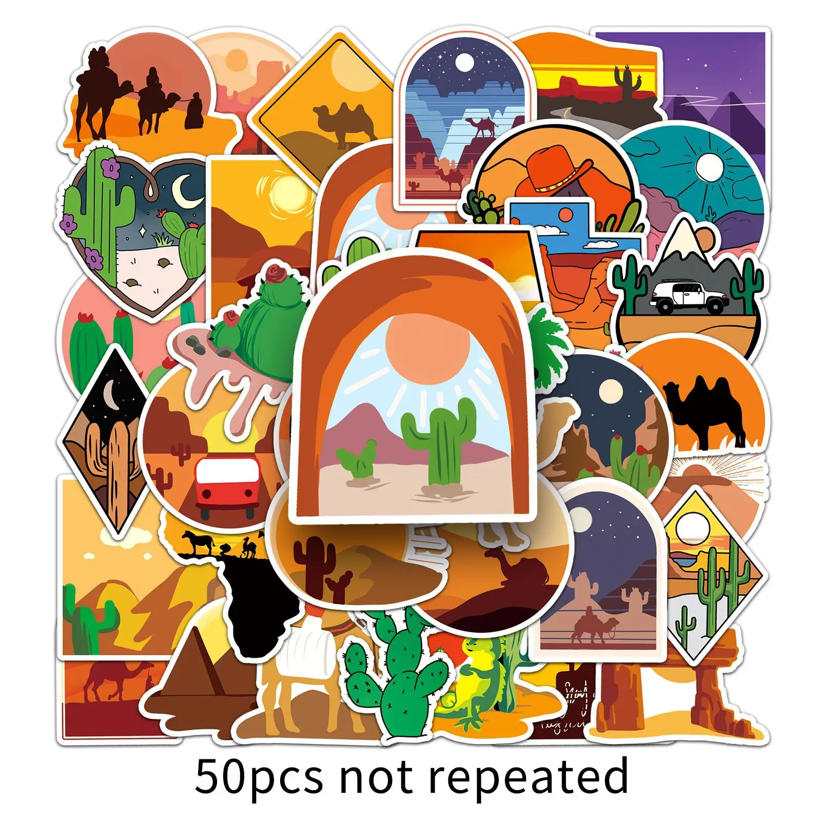 50PCS Cute Desert Sticker Set Kawaii Camel Cactus Sunset Egypt Pyramid Wild Adventure PVC Waterproof Decals for Journal Gift​ (