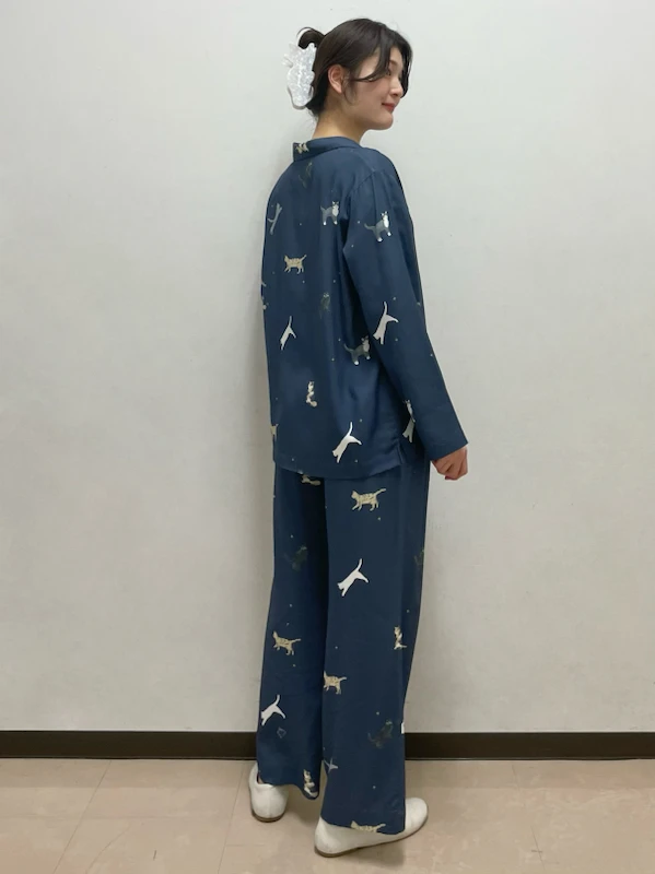 Japanese Cotton Couples Pajamas Indigo Room Wear Long Sleep Wear Cats And Stars Lounge Wears