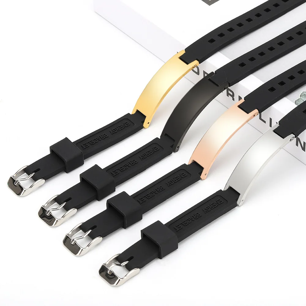 الأيونات السالبة سيليكون مكافحة ساكنة سوار الفولاذ المقاوم للصدأ شريط فارغ يمكن نقش شعار سيليكون حزام الساعات أساور