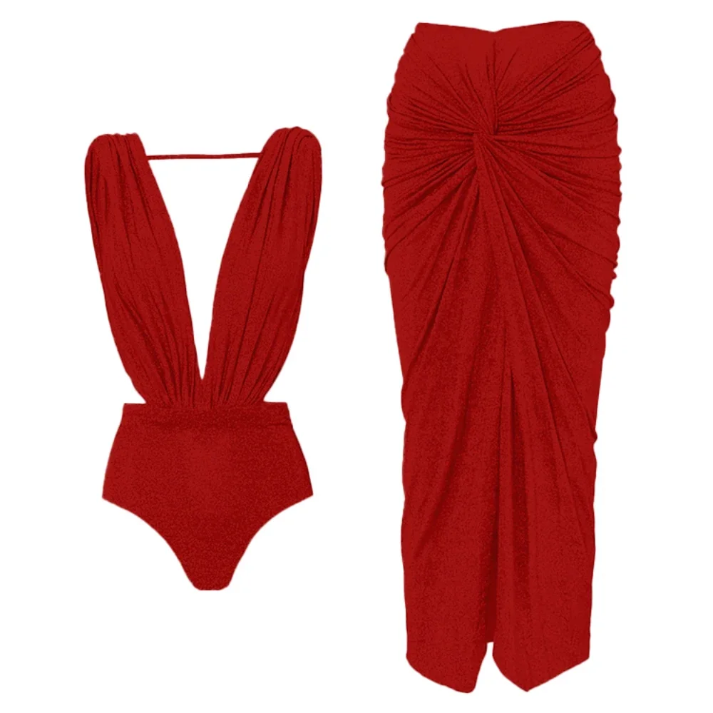 V Neck Shiny Swimsuit With Cover Up Sexy Swimwear Women 2025 Off Shoulder Swim Suits Female Sliming Bodysuit Chic Beachwear Dres