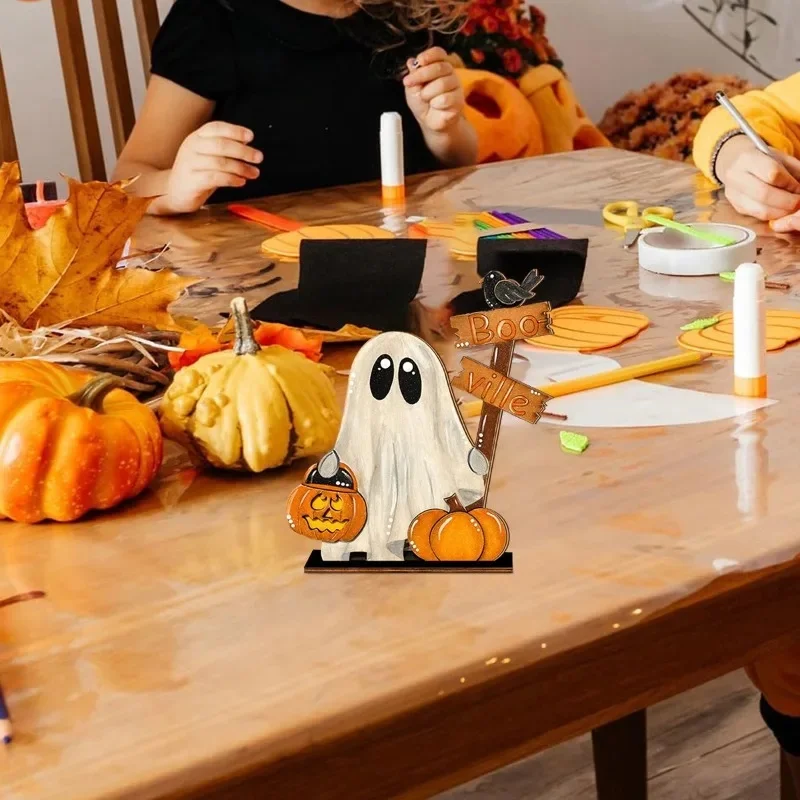 Halloween Wooden Ghost Tabletop Decor Boo-ville Sign with Pumpkin Crow Freestanding Table Sign Farmhouse Halloween Party Decor