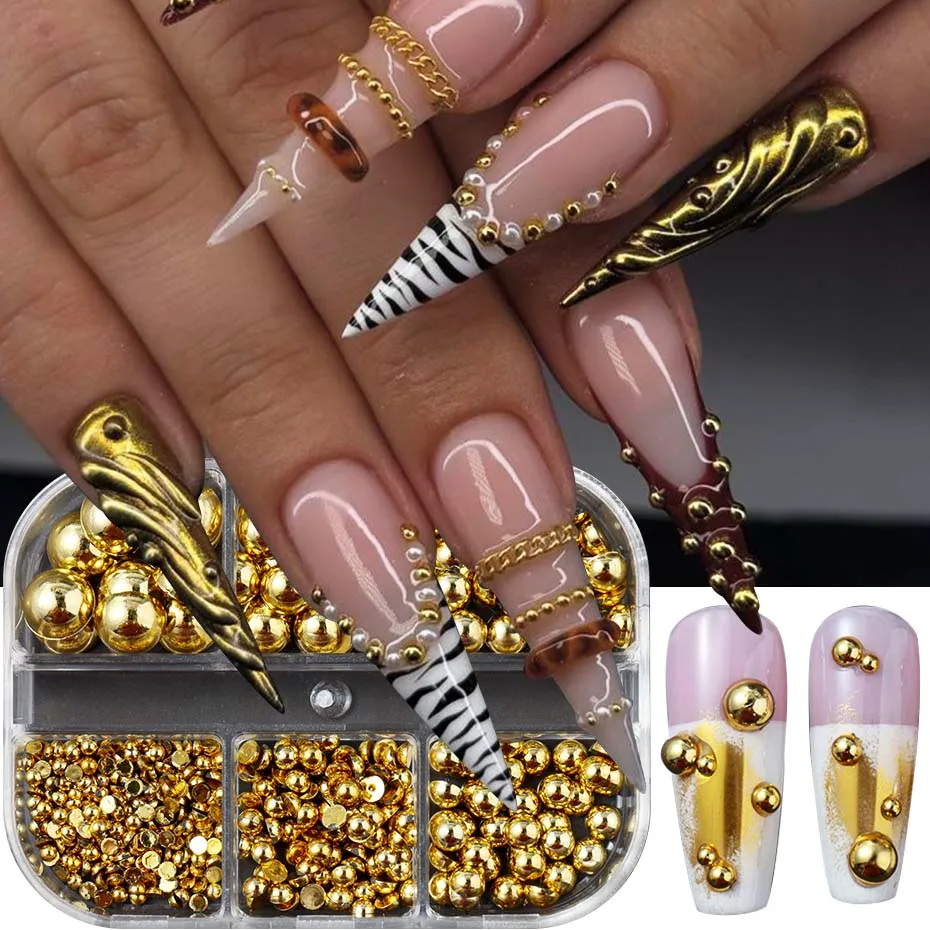 6 grades tamanho misto dourado prateado semicírculo pérolas encantos da arte do prego punk design gótico japonês decoração da arte do prego fornecimento de unhas