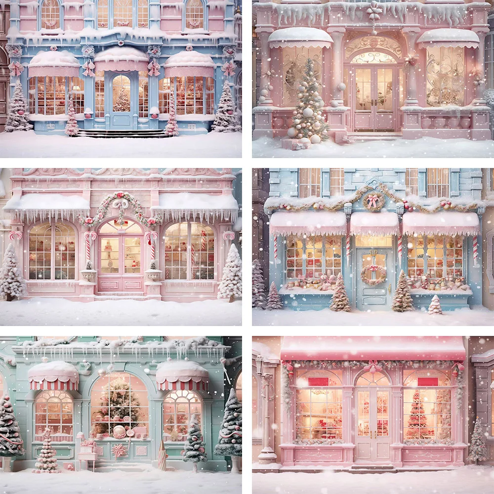 Avezano Christmas Candy Store Backdrops Winter Snow Xmas Tree Outdoor Pink Blue House Portrait Photography Background Photocall