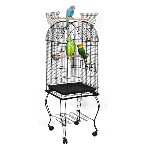 64'' Rolling Bird Cage Large Wrought Iron Cage for Cockatiel Sun Conure Parakeet Finch Budgie Lovebird Canary Medium