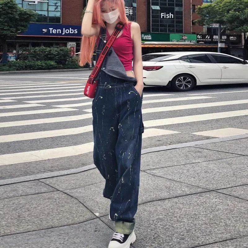 

Антивозрастные джинсовые комбинезоны с шипами и чернилами, женская модная уличная одежда, весенне-осенние утягивающие широкие комбинезоны
