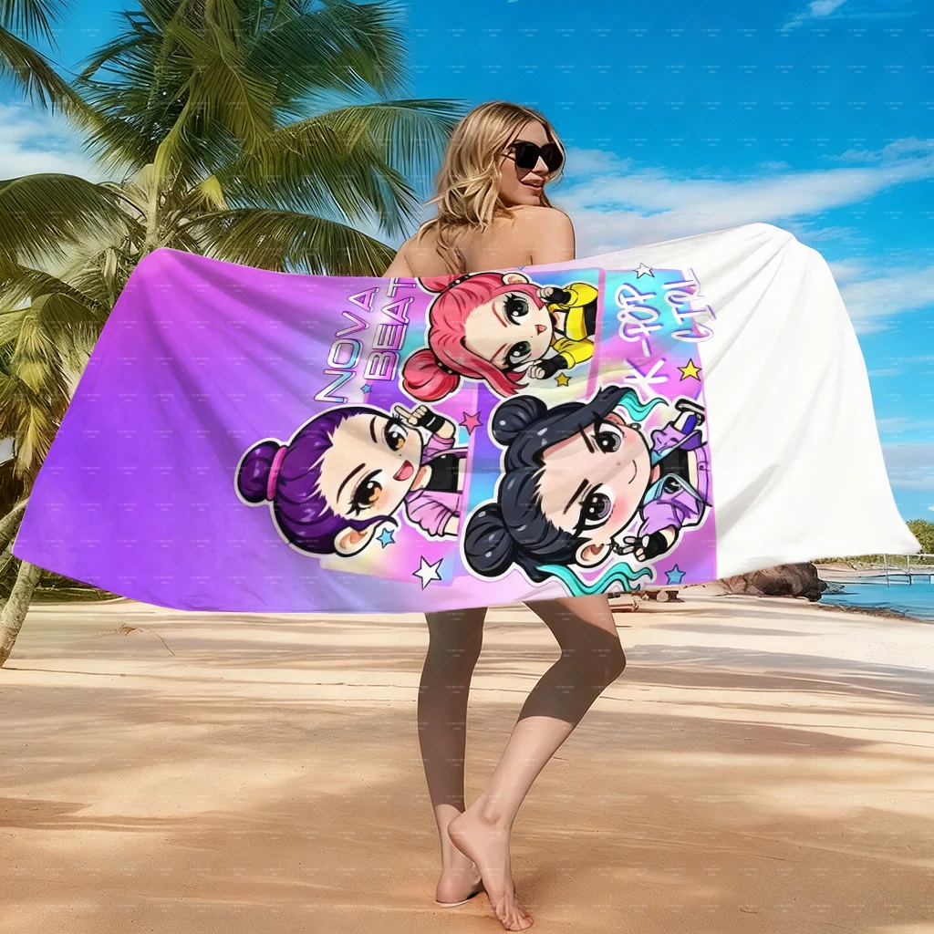 K-POP Girl Chibi Beach Towel, Quick Dry Microfiber Absorbent Bath Towel, Cute Cartoon Print Towel for Swimming Pool, K-Pop Fans